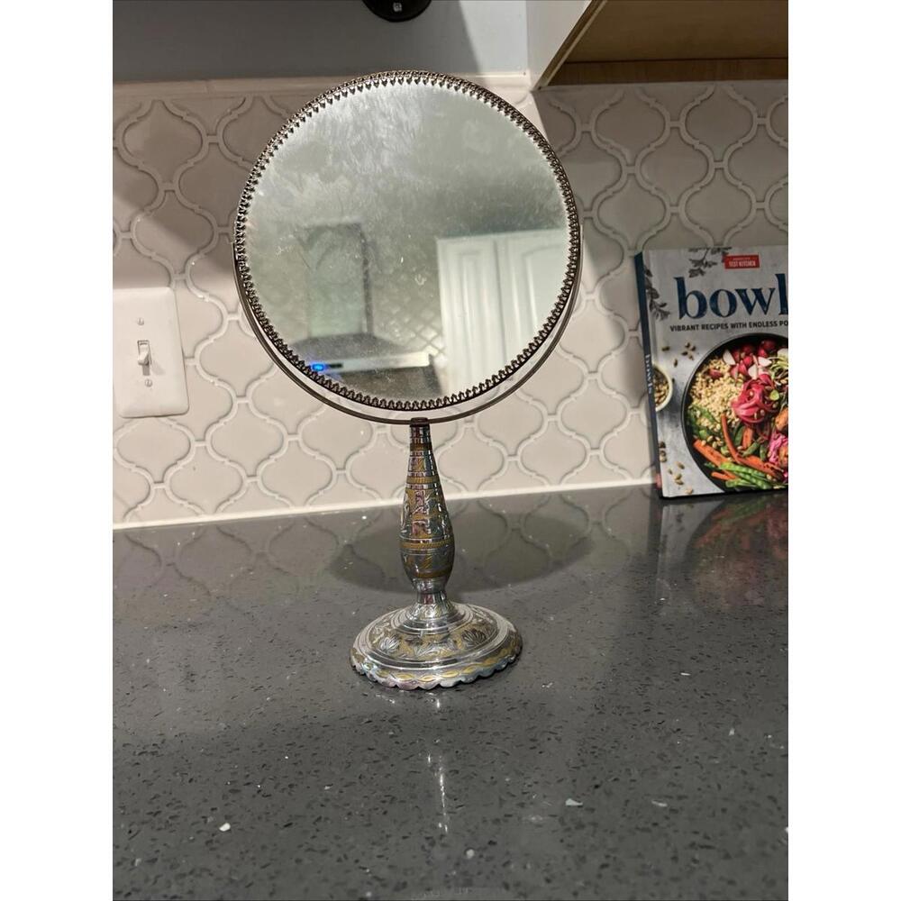 Vintage Pewter? Etched Oval Vanity Dresser Mirror 7”x13" Swivel